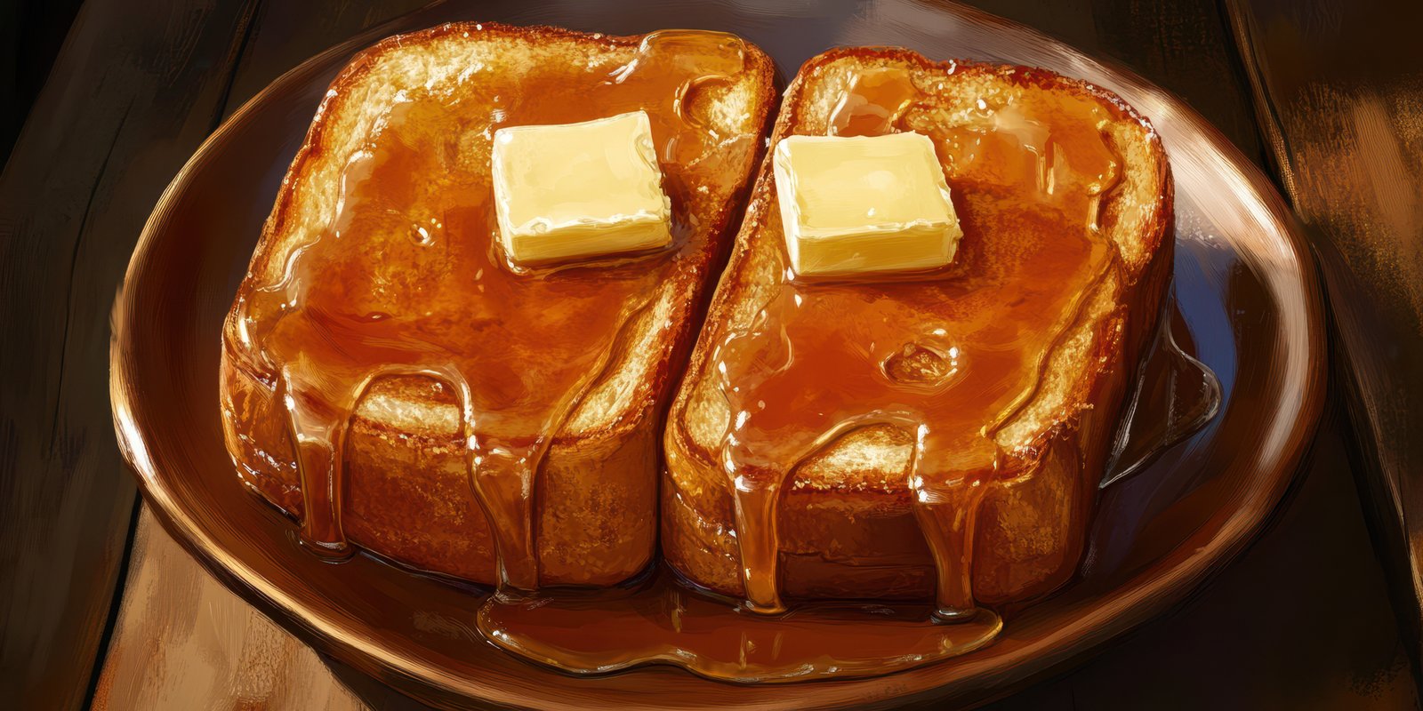 Deliciously golden pancakes served with rich syrup and butter on a rustic plate in a warm dining setting